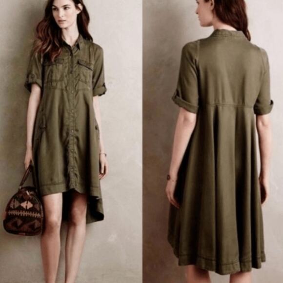 ANTHROPOLOGIE HOLDING HORSES NWT Mariona BUTTON FRONT Swing Shirt Dress Army 8 - Picture 1 of 7